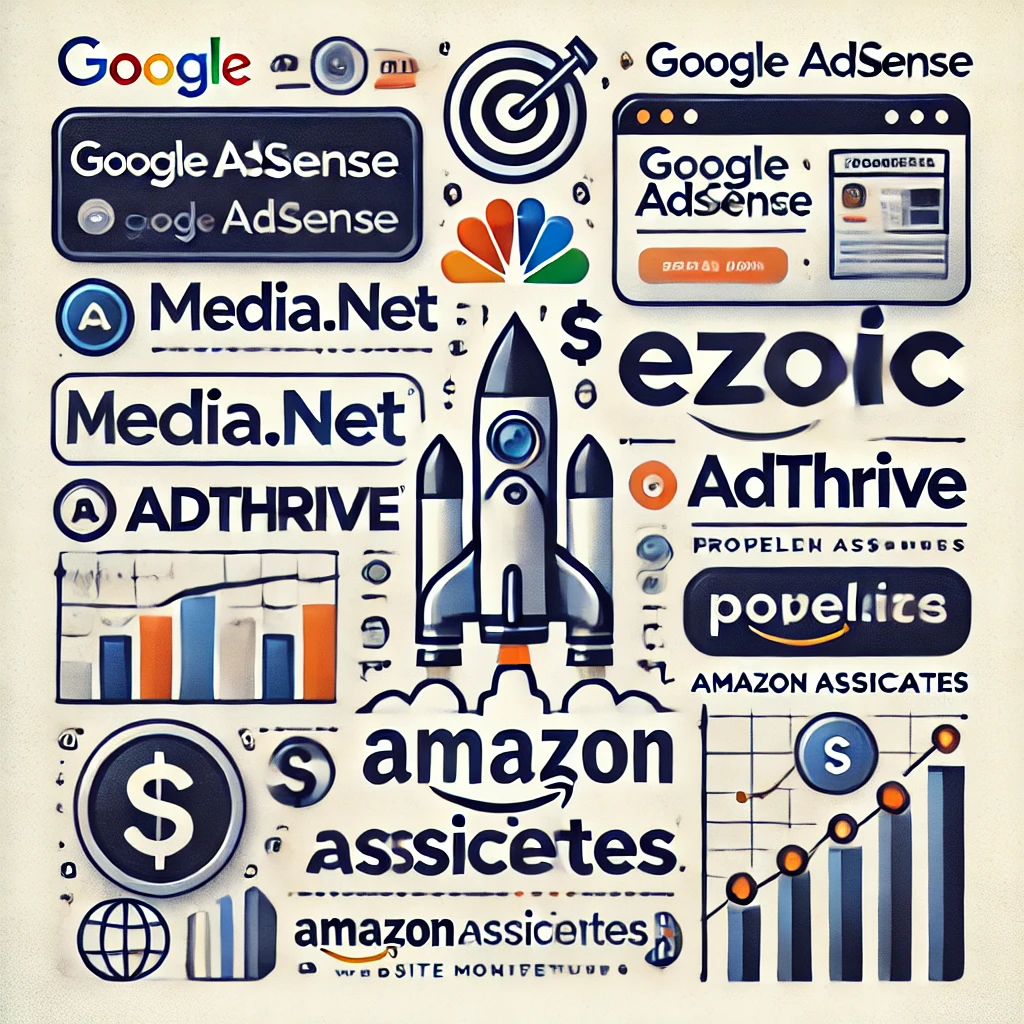 Infographic showcasing popular website monetization platforms: Google AdSense, Media.net, Ezoic, AdThrive, PropellerAds, and Amazon Associates. Featuring clear icons like a dollar sign, ad banner, and analytics graph, highlighting revenue growth and online advertising strategies.