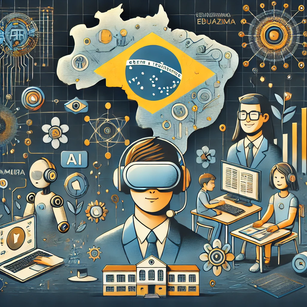 Infographic showcasing emerging technologies in Brazilian education, including virtual reality headsets, AI-driven tutoring platforms, gamified learning apps, and a map of Brazil representing digital transformation in the education sector.