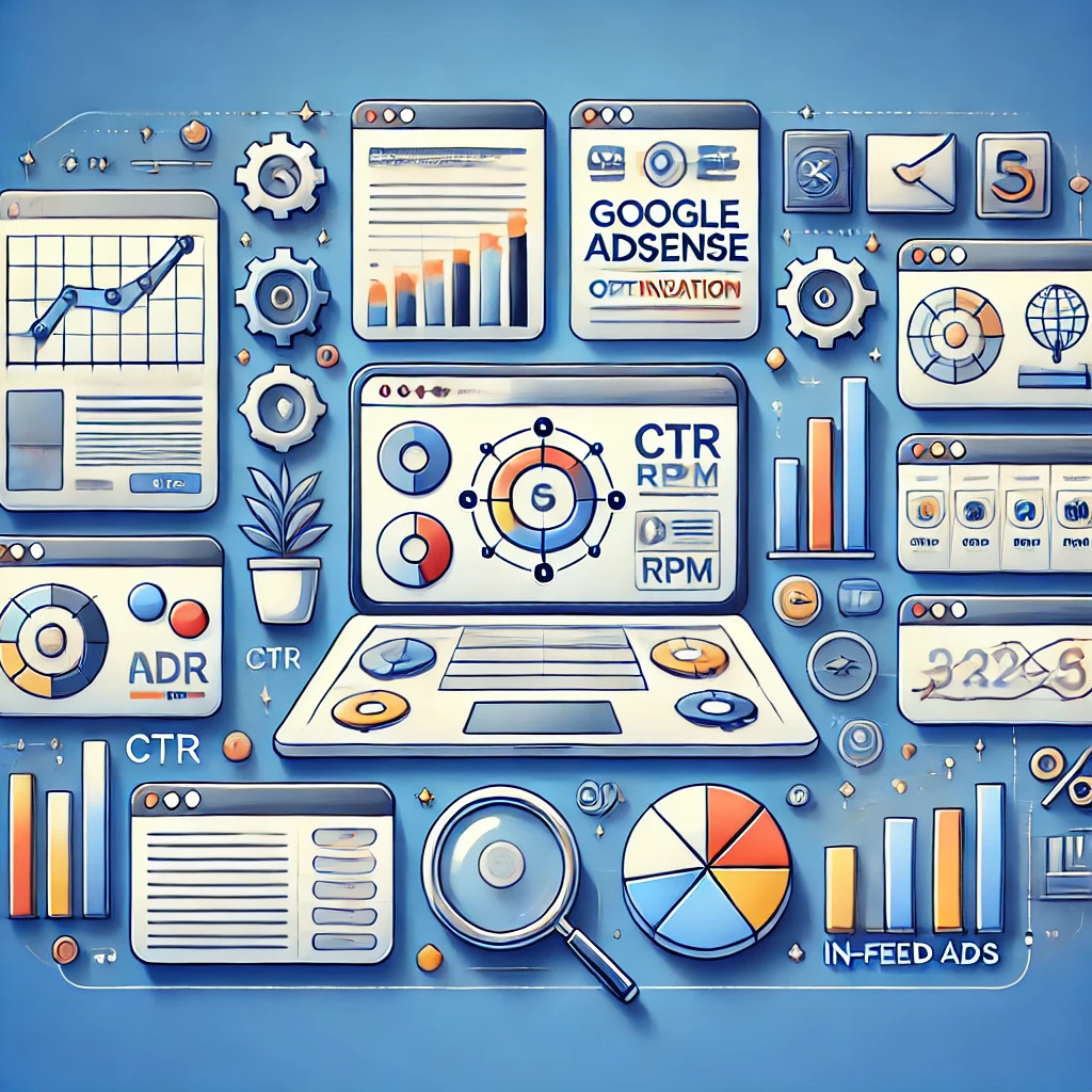 Infographic showcasing Google AdSense optimization strategies, including ad placements, analytics dashboards displaying CTR and RPM, and various ad formats for maximizing revenue.