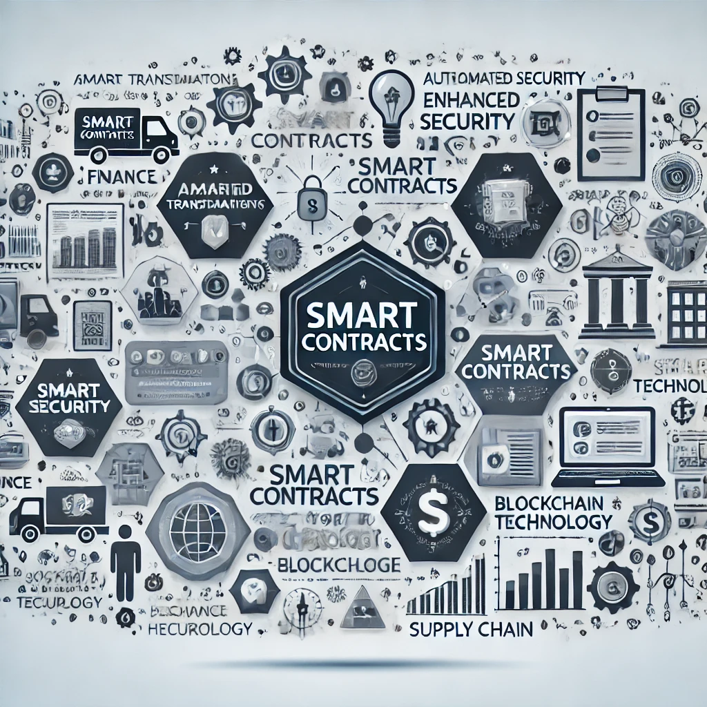 An infographic illustrating the functionality and impact of smart contracts in various industries, highlighting features such as automated transactions, blockchain technology, enhanced security, and applications in finance, healthcare, and supply chain management.