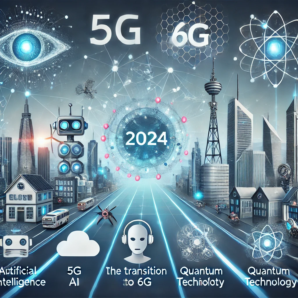 An infographic illustrating key technology trends for 2024, showcasing advancements in artificial intelligence (AI), 5G and 6G, augmented reality (AR), robotics, and quantum computing, set against a futuristic cityscape with interconnected digital icons.