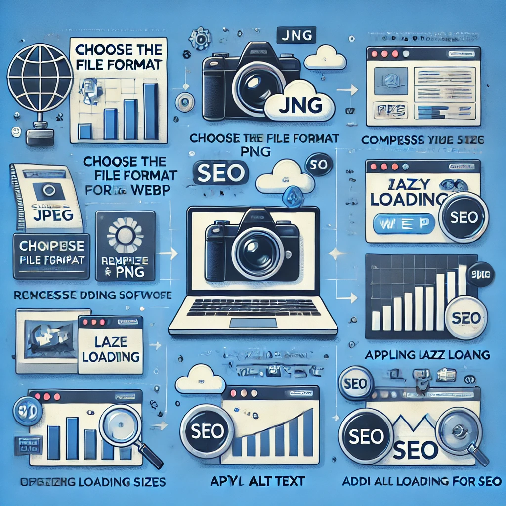 An infographic showing the process of image optimization for websites, including steps like choosing the correct file format, compressing images, resizing for screen sizes, applying lazy loading, and adding alt text for SEO.