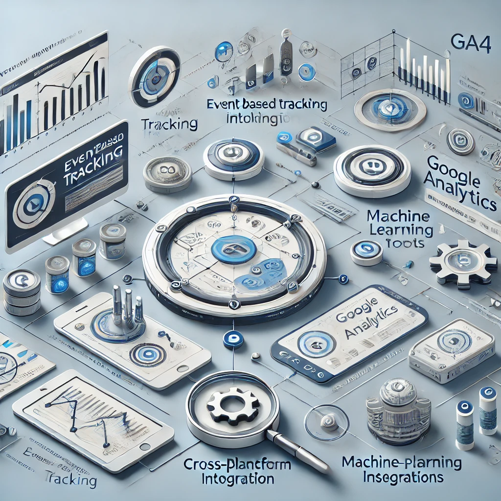 An infographic illustrating the key features of Google Analytics 4, including event-based tracking, cross-platform integration, machine learning insights, and customizable reporting, depicted with graphs, dashboards, and tech-themed icons.