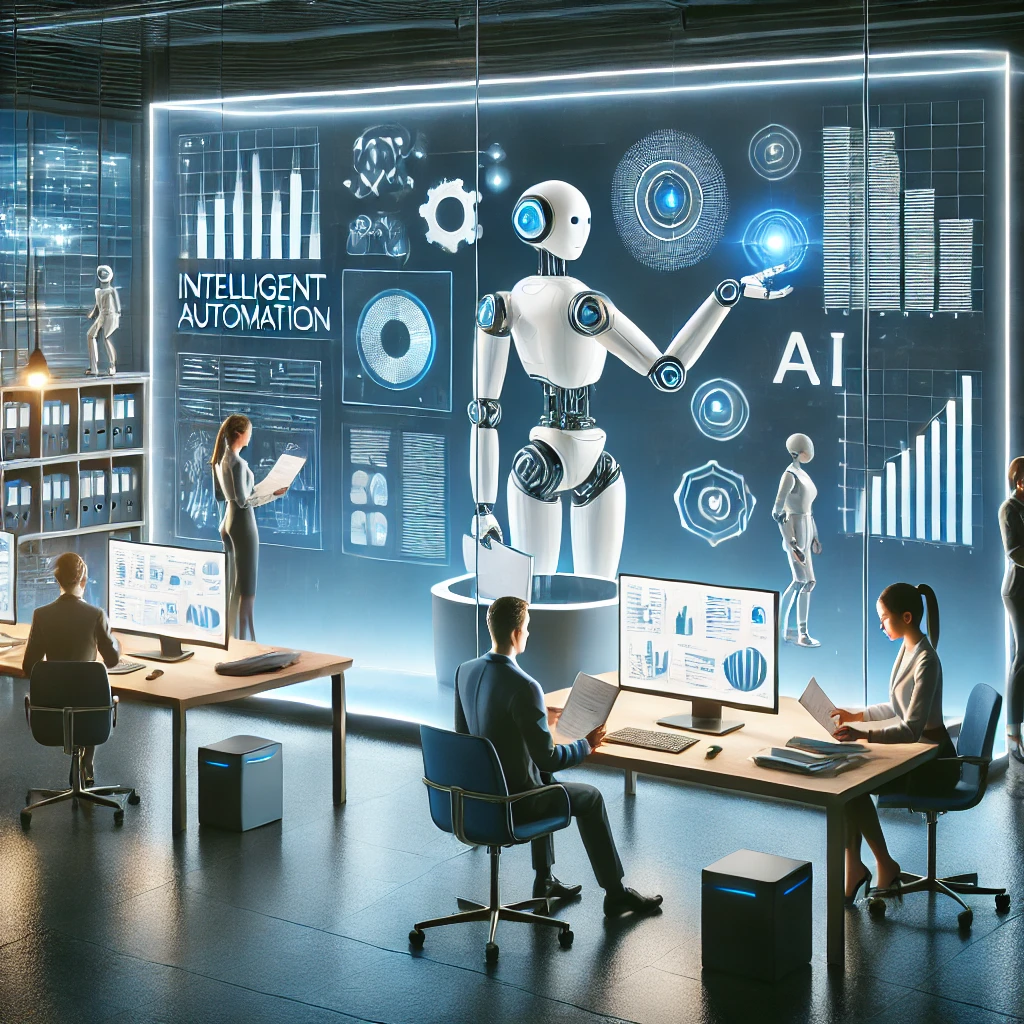 An illustration showing AI-powered robots and humans working together in a modern office setting, symbolizing intelligent automation in startups.