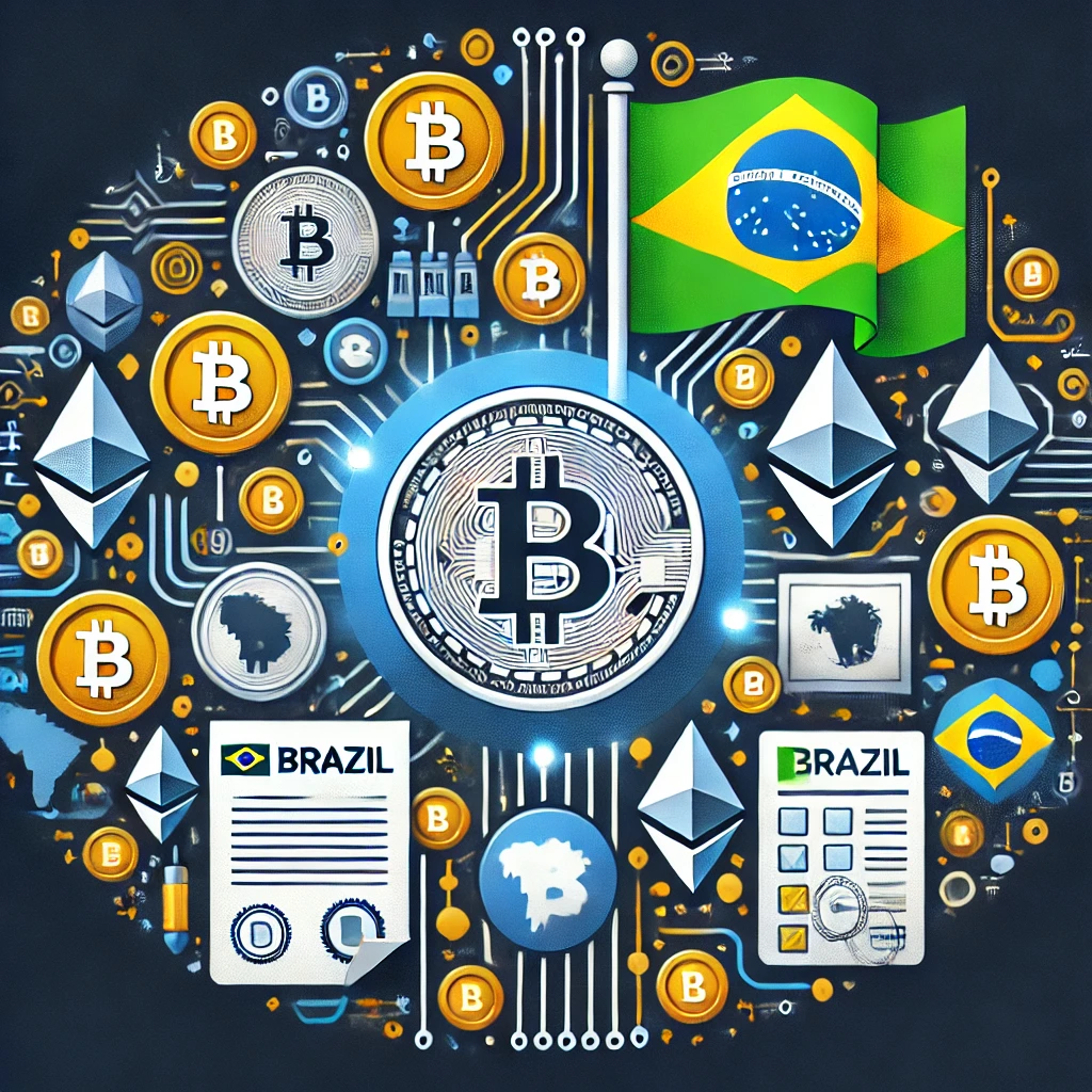 Infographic showcasing Brazil's cryptocurrency market with Bitcoin, Ethereum, Brazilian flag, blockchain networks, and regulatory icons, highlighting innovation and compliance.