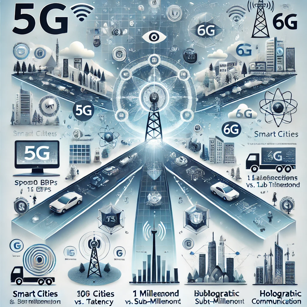 An infographic illustrating the evolution from 5G to 6G, showcasing differences in speed, latency, frequency bands, and key applications such as smart cities, autonomous systems, and holographic communication.