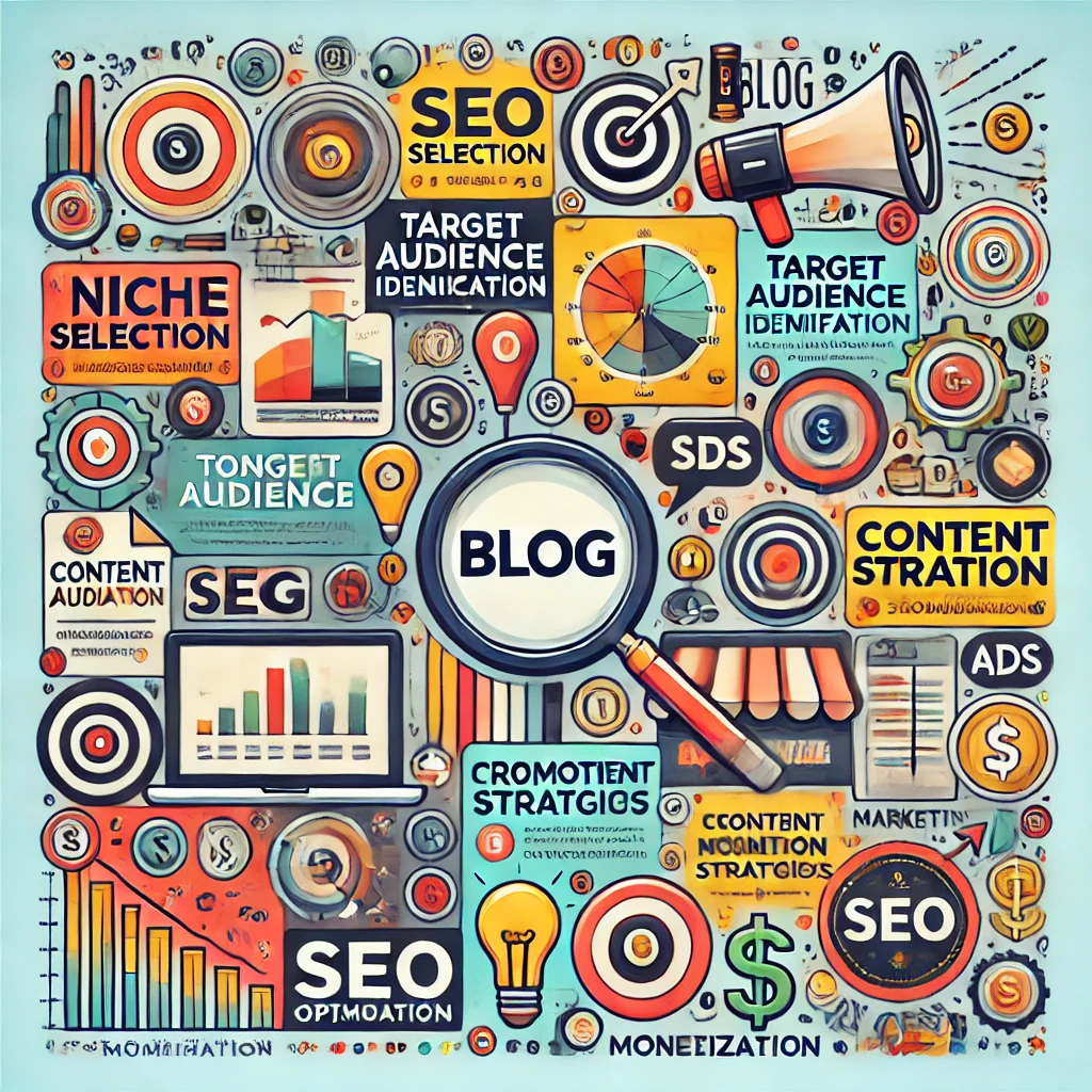 An infographic displaying the key components of a successful blog: niche selection, target audience, content creation, promotion strategies, SEO best practices, and monetization options like ads and affiliate marketing. Vibrant icons and labels highlight each aspect of blogging success.