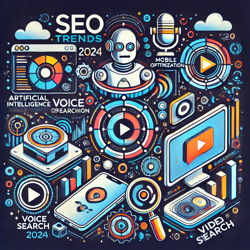 A visually engaging infographic showcasing essential SEO trends for 2024, featuring symbols of AI, mobile optimization, voice search, and video strategies, with a futuristic design and vibrant color palette.