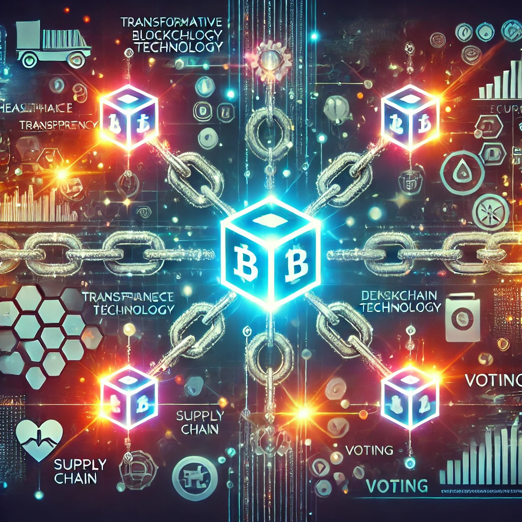 Infographic-style illustration highlighting the transformative potential of blockchain technology with interconnected nodes, glowing blocks symbolizing transparency and security, and icons representing applications in healthcare, finance, supply chain, and voting.