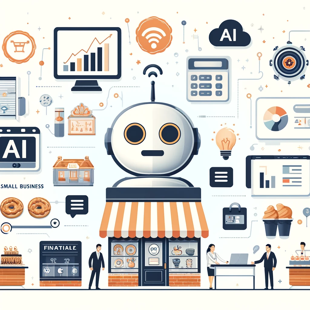 Illustration of AI applications in small businesses, featuring icons of chatbots, financial dashboards, and task management tools, set against a backdrop of small business environments like a bakery, retail store, and office.