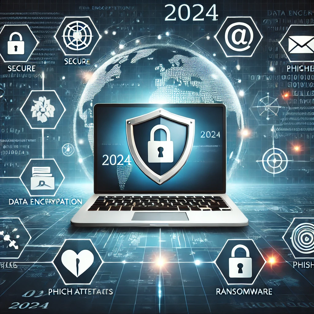 An illustration showcasing cybersecurity in 2024, featuring a secure shield icon, encryption symbols, a laptop with a padlock, and representations of phishing attacks and ransomware on a global digital network background.