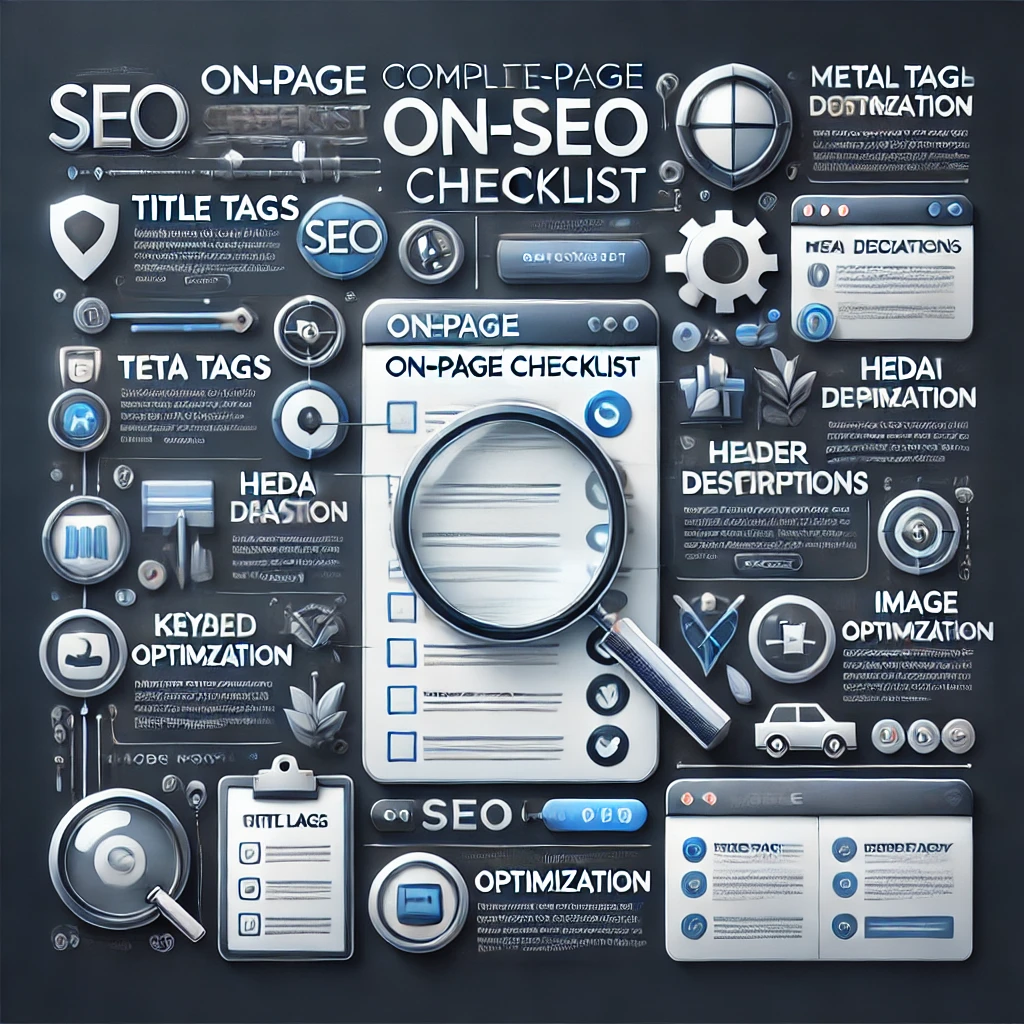 Infographic showcasing a complete on-page SEO checklist with visual elements like title tags, meta descriptions, headers, keyword placement, image optimization, and mobile-friendly design.