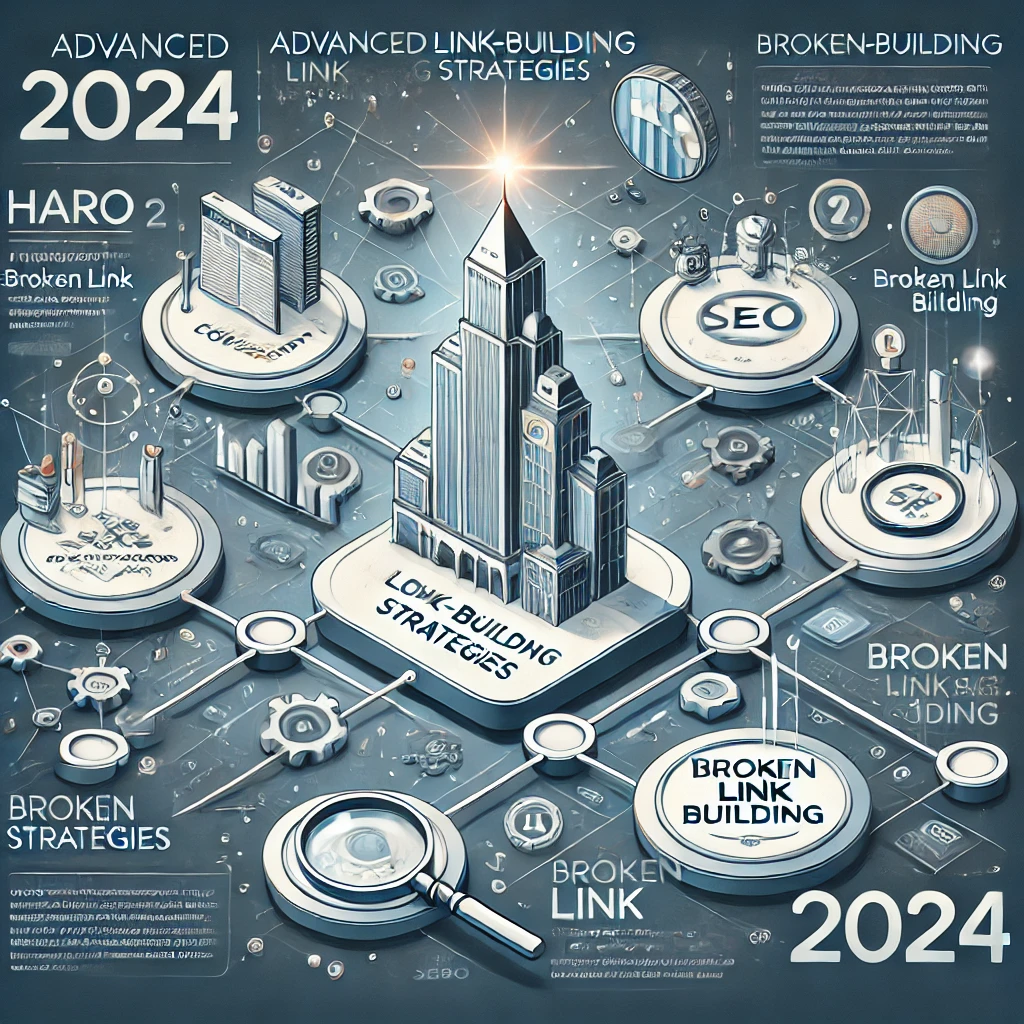 Infographic showcasing advanced link-building strategies for SEO in 2024, featuring elements like a skyscraper symbolizing content strategies, interconnected links representing backlinks, and SEO tools such as a magnifying glass for analysis.