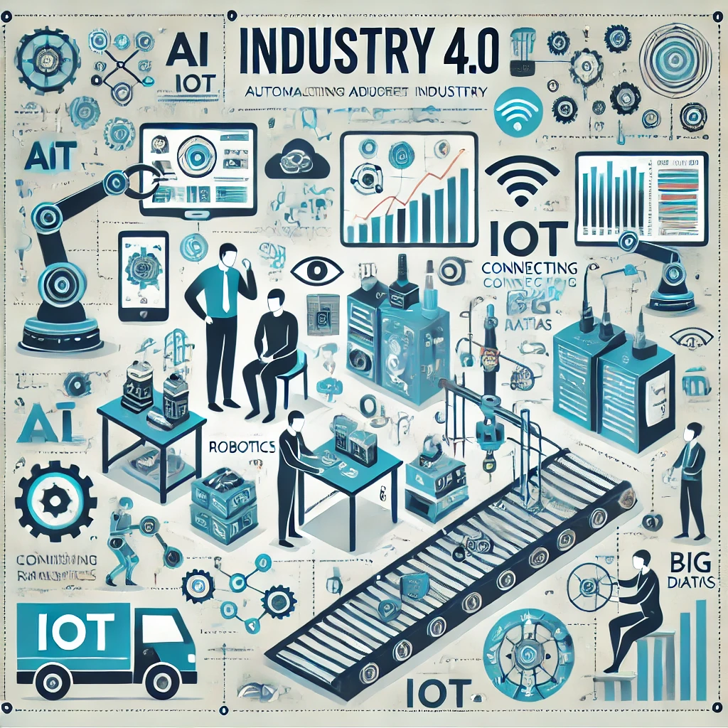 Infographic highlighting automation in Industry 4.0, featuring robots on assembly lines, IoT connectivity, data dashboards, and human-robot collaboration in a modern industrial setting.