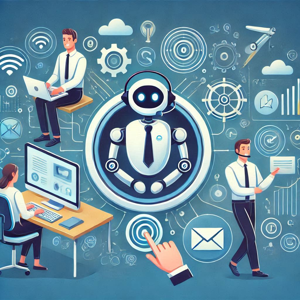 An illustration of customer support automation, featuring chatbots, virtual assistants, customer data integration, and analytics dashboards. The design emphasizes the balance between automation efficiency and personalized human service.