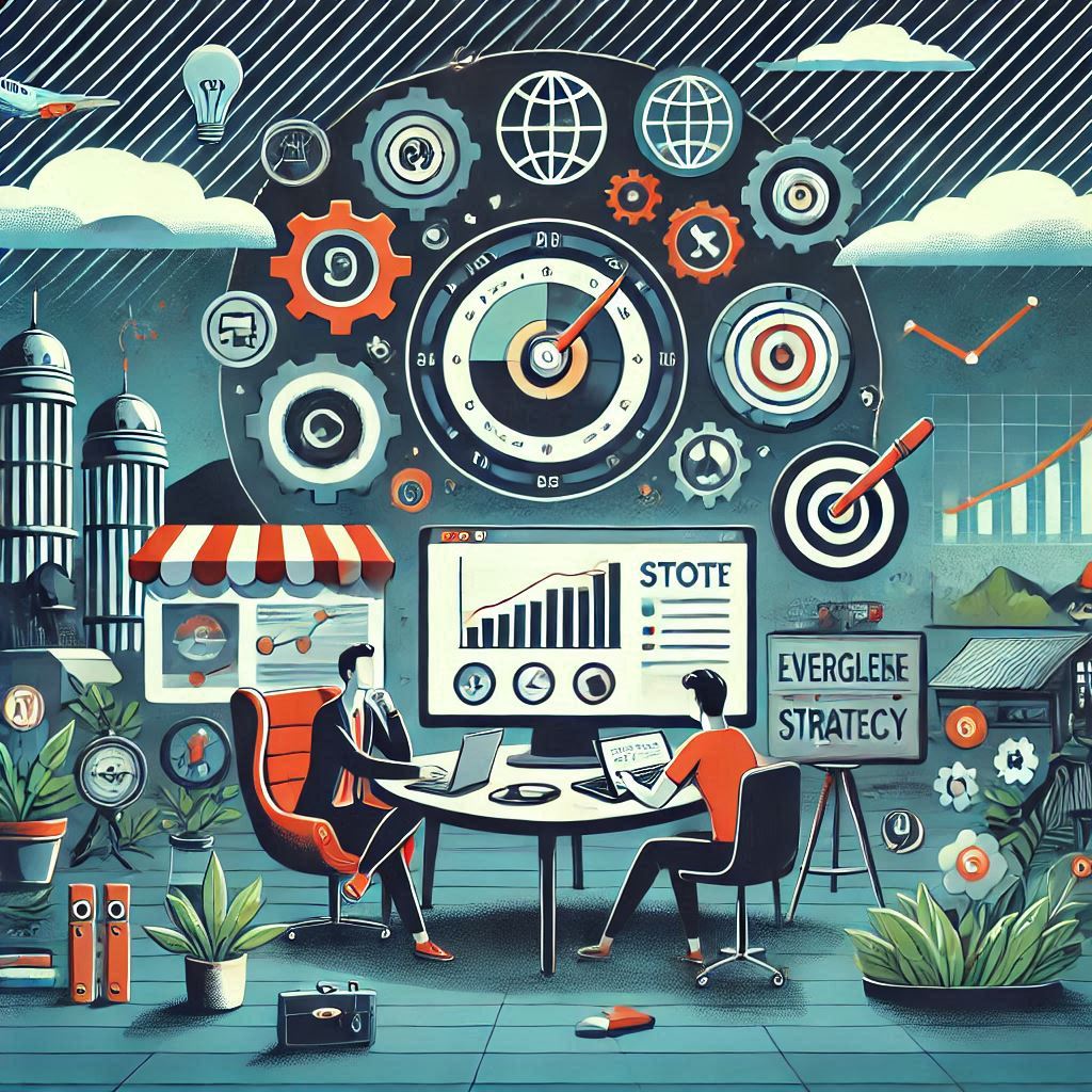 A dynamic illustration showcasing an evergreen content strategy, featuring elements like SEO graphs, audience insights, and blog articles. The design emphasizes growth and sustainability with arrows symbolizing long-term impact and success.