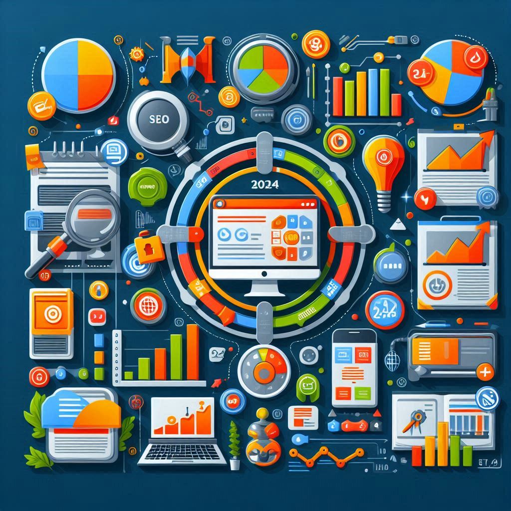 A modern illustration showcasing the website audit process, featuring interconnected elements such as SEO analysis, content optimization, backlink review, and user experience improvements. The design includes icons for technical tools, graphs, and web layouts, emphasizing trends and best practices for 2024.