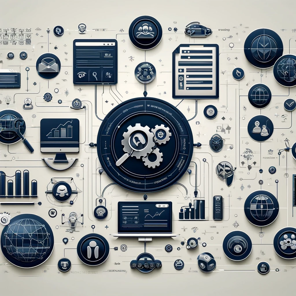 A modern illustration showcasing the website audit process, featuring interconnected elements such as SEO analysis, content optimization, backlink review, and user experience improvements. The design includes icons for technical tools, graphs, and web layouts, emphasizing trends and best practices for 2024.