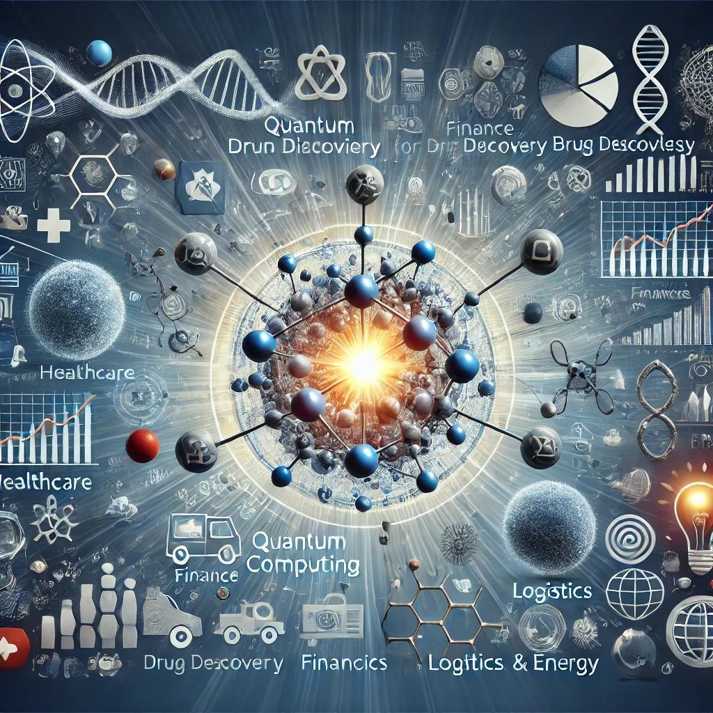 A futuristic illustration of quantum computing applications, featuring quantum circuits, molecules for drug discovery, financial graphs, and environmental symbols. The interconnected design highlights the technology's impact on healthcare, finance, logistics, and energy industries.