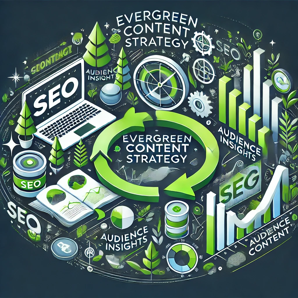 A dynamic illustration showcasing an evergreen content strategy, featuring elements like SEO graphs, audience insights, and blog articles. The design emphasizes growth and sustainability with arrows symbolizing long-term impact and success.