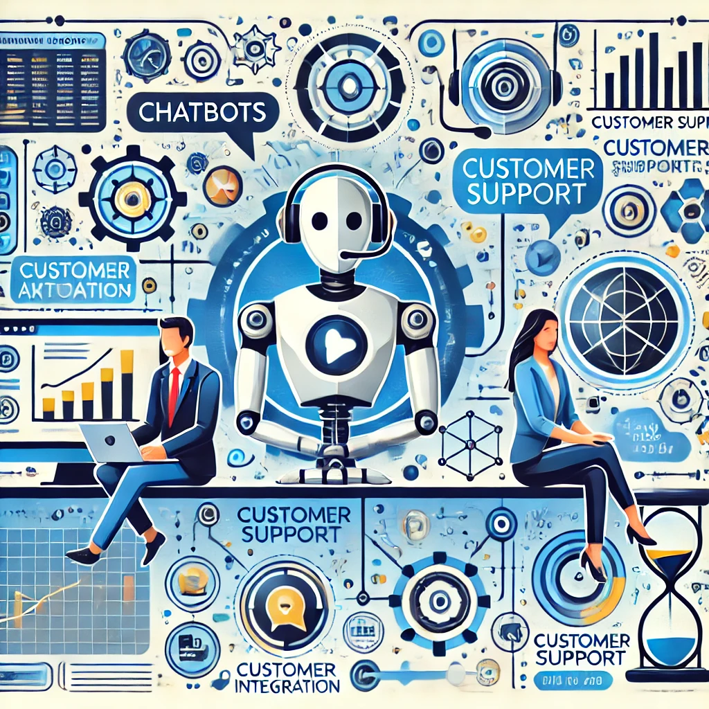 An illustration of customer support automation, featuring chatbots, virtual assistants, customer data integration, and analytics dashboards. The design emphasizes the balance between automation efficiency and personalized human service.