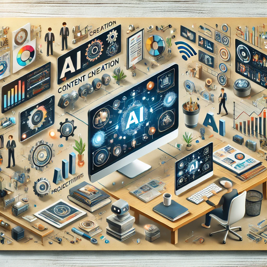 An infographic-style illustration showcasing a futuristic workspace equipped with AI-powered tools, including digital screens for content creation, data analytics, project management, and automation, symbolizing efficiency and innovation in workflows for 2024.