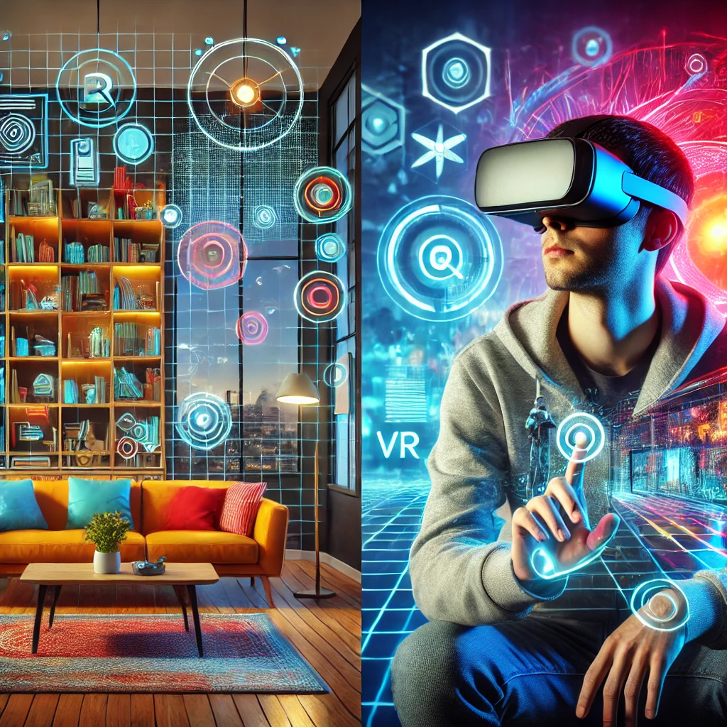 Comparison of Augmented Reality (AR) and Virtual Reality (VR): On the left, a person using AR glasses to visualize digital furniture in a real-world living room setting. On the right, a person wearing a VR headset fully immersed in a virtual environment with vibrant 3D surroundings, showcasing the distinct applications and immersive experiences of AR and VR technologies.