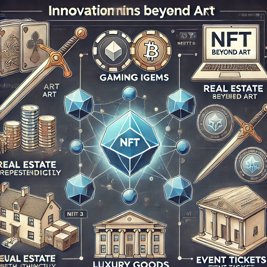 An illustrative graphic showing various NFT applications beyond art, including gaming items like swords and avatars, real estate represented digitally, luxury goods with authenticity certificates, and event tickets in digital format, set against a blockchain-inspired, futuristic background.