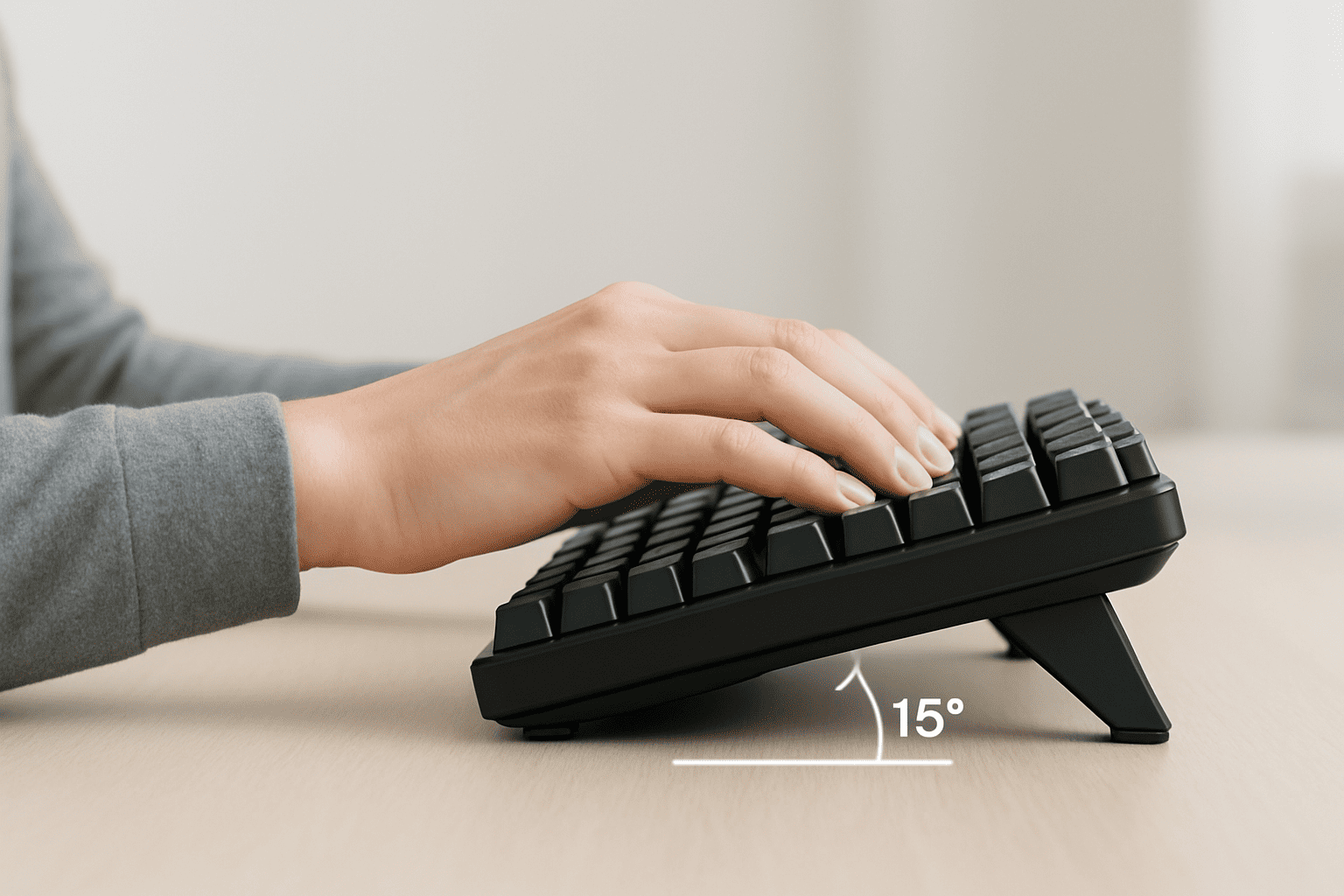 A side view of a tented split keyboard demonstrating the ergonomic benefit of 'tenting.' The image shows how the raised center of the keyboard allows the user's hands and wrists to maintain a more natural, handshake-like posture, reducing forearm strain.