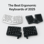 A comparison image of three types of ergonomic keyboards on a clean background. It shows a contoured wave keyboard, a fully split adjustable keyboard, and an ortholinear split keyboard, representing the best ergonomic options for productivity in 2025.