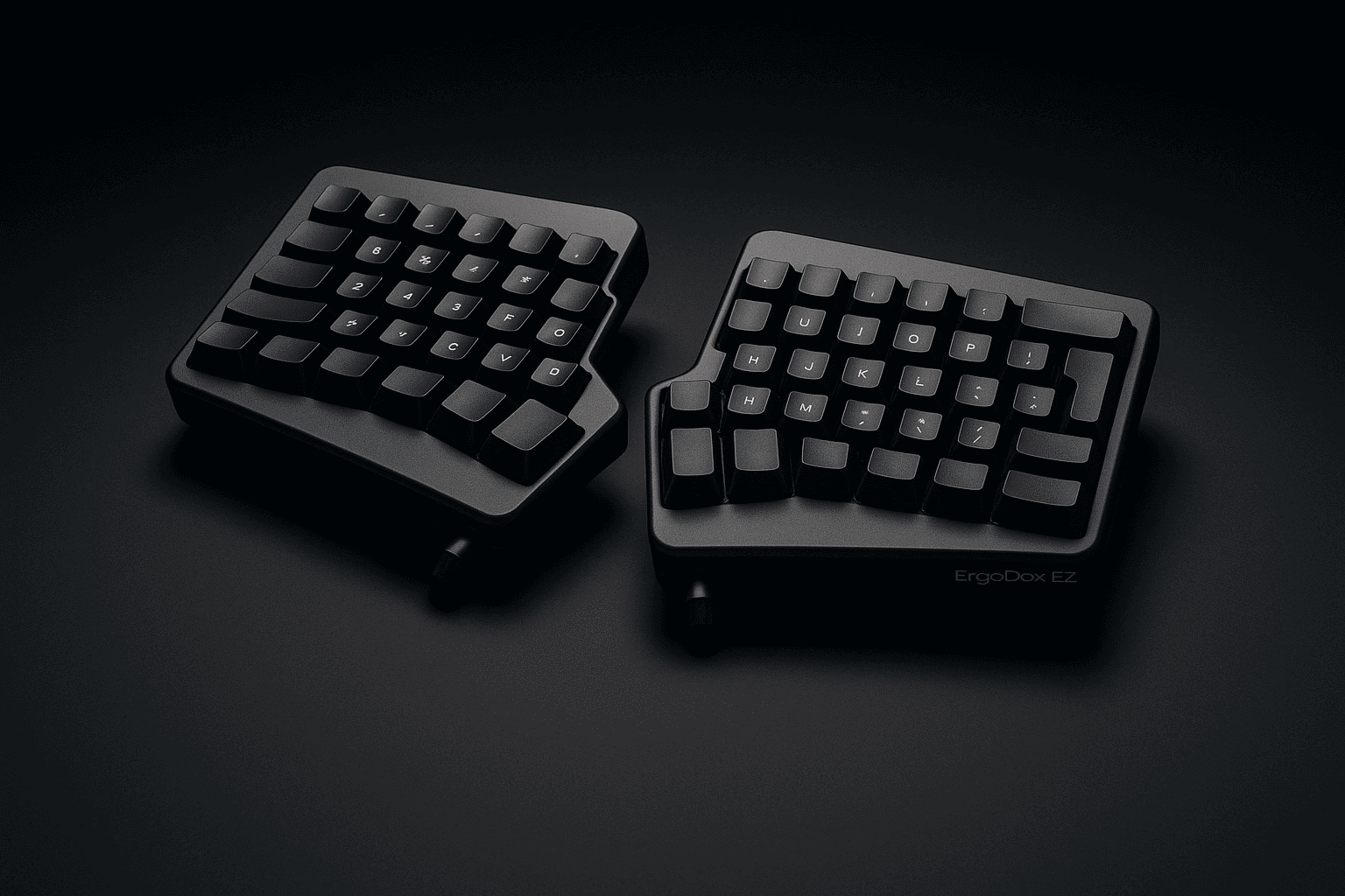 A professional product shot of the ErgoDox EZ, a highly customizable ortholinear split ergonomic keyboard. The image highlights its unique grid-based key layout and separate thumb clusters, showcasing its advanced design for dedicated keyboard enthusiasts.
