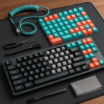 An overhead view of a keyboard enthusiast's desk, showcasing the process of keyboard maintenance and customization. A mechanical keyboard is partially disassembled, with cleaning tools on one side and a vibrant set of new custom keycaps and a coiled cable on the other, ready for assembly.