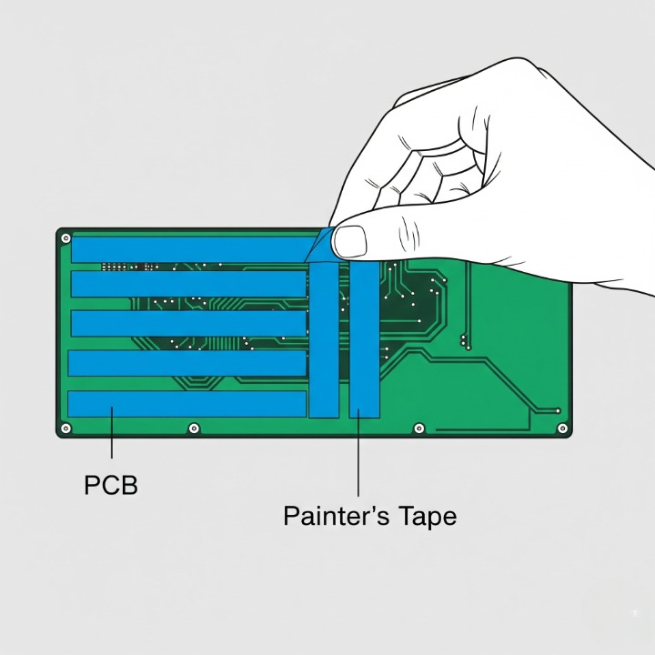 An illustration of the keyboard tape mod, showing layers of painter's tape being applied to the back of the PCB to change the sound profile.