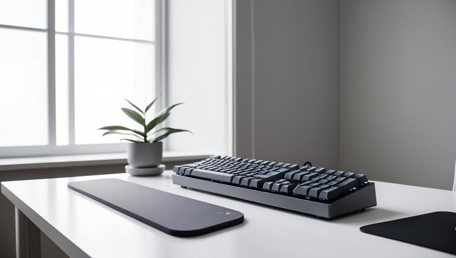 Minimalist work-from-home desk with Keychron K8 Pro mechanical keyboard and ergonomic wrist rest.