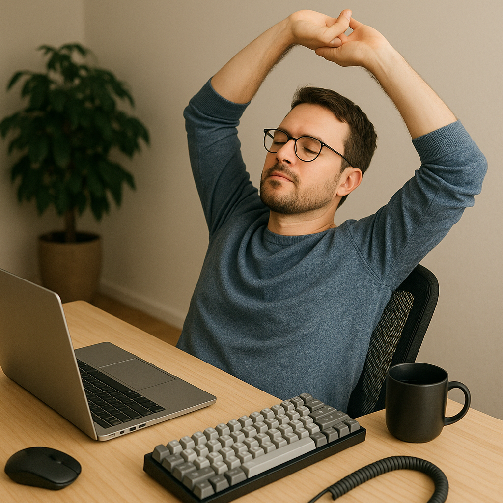 Remote worker performing wrist stretches at a desk with a mechanical keyboard for productivity.