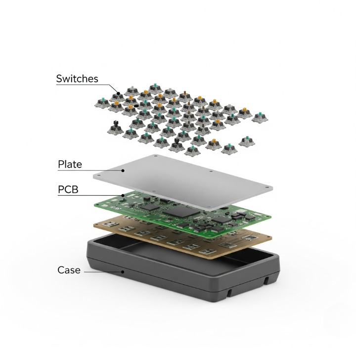 An exploded view diagram of a custom mechanical keyboard, showing how the case, PCB, plate, and switches are layered together during assembly.
