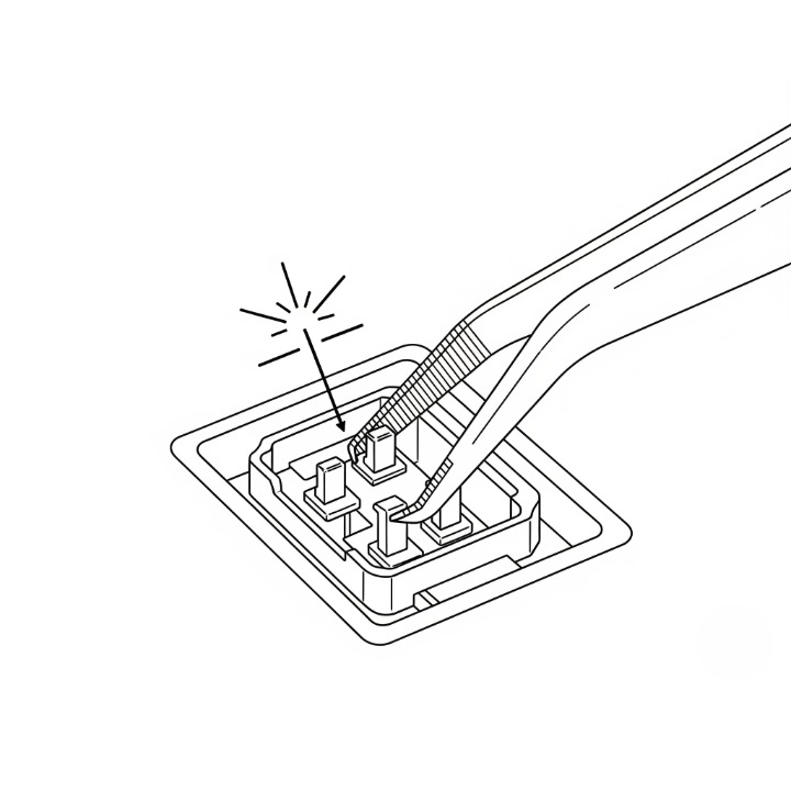 A diagram illustrating how to test a keyboard PCB by using tweezers to connect the two contacts in a hot-swap socket to register a keystroke.