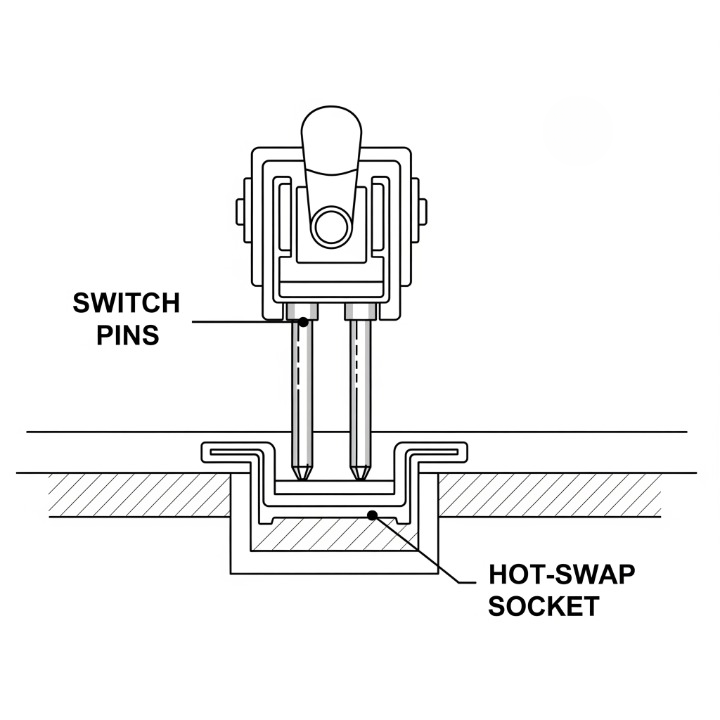 A cross-section illustration showing a mechanical switch being installed into a hot-swap socket on a keyboard's PCB, demonstrating the easy, solder-free process.