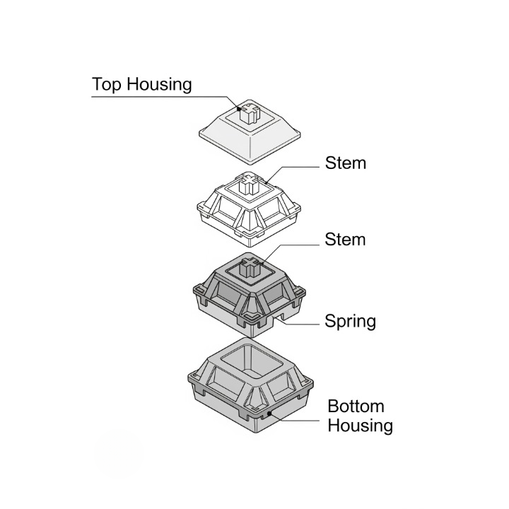 An exploded view diagram of a mechanical keyboard switch, showing its four main components: the top housing, stem, spring, and bottom housing.