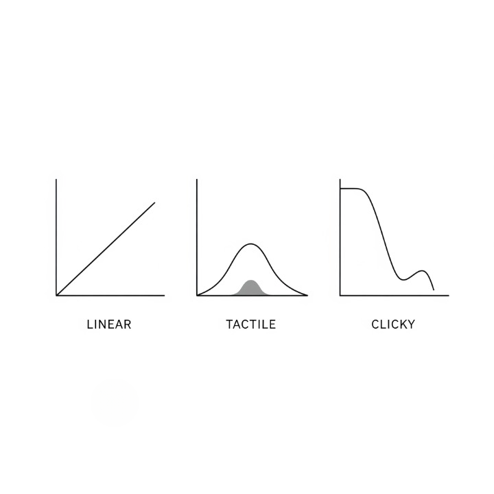 A chart comparing the force curves of the three main switch types. It shows the smooth diagonal line of a linear switch, the bump of a tactile switch, and the bump and drop of a clicky switch.