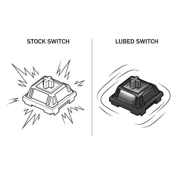 A conceptual illustration showing the effect of lubing a keyboard switch. A 'scratchy' stock switch is compared to a 'smooth' and glossy lubed switch.