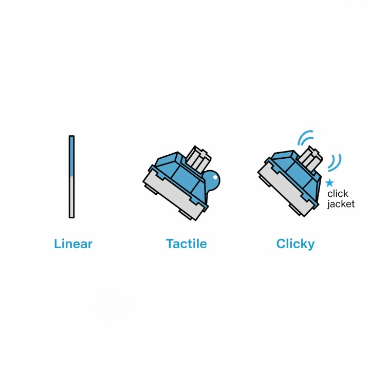 An infographic comparing the three main types of mechanical keyboard switches: Linear (smooth), Tactile (bumpy), and Clicky (bumpy and loud), showing the difference in their stem designs.
