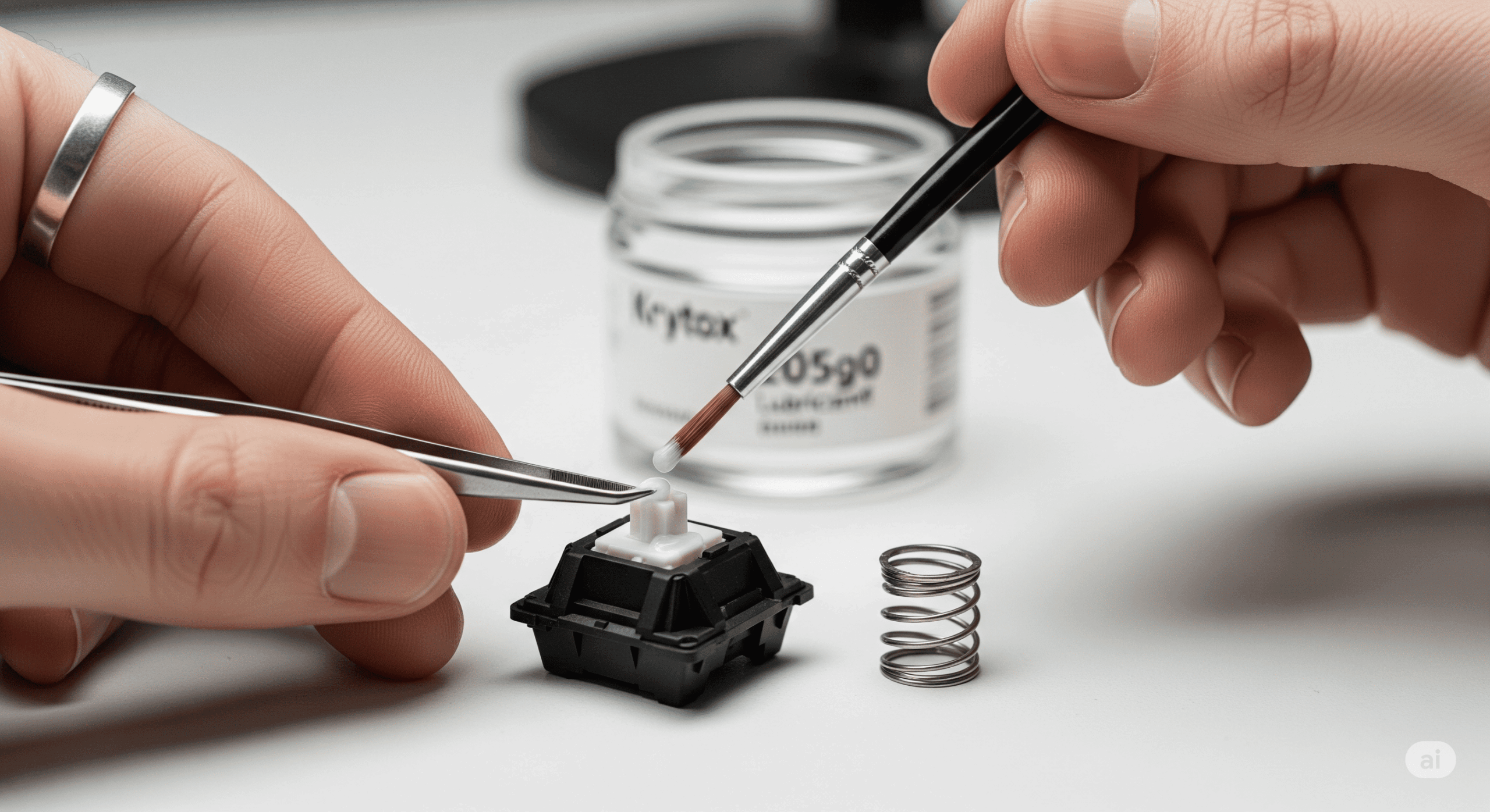 A detailed macro photo showing the meticulous process of lubricating a mechanical keyboard switch. A fine brush is applying lubricant to the switch stem, with the disassembled components neatly laid out on a workbench, illustrating a key step in custom keyboard sound tuning.