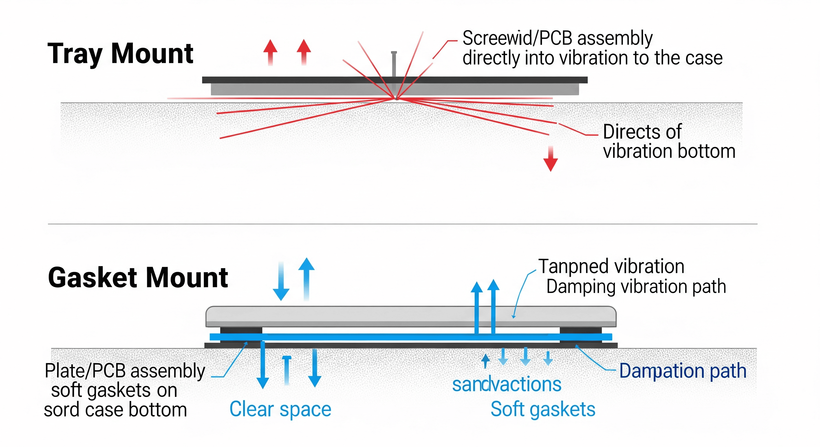 A clear diagram comparing two keyboard mounting styles. The top panel illustrates a 'Tray Mount,' showing how vibrations transfer directly to the case. The bottom panel shows a 'Gasket Mount,' where the plate is isolated by gaskets to dampen vibrations and improve sound.