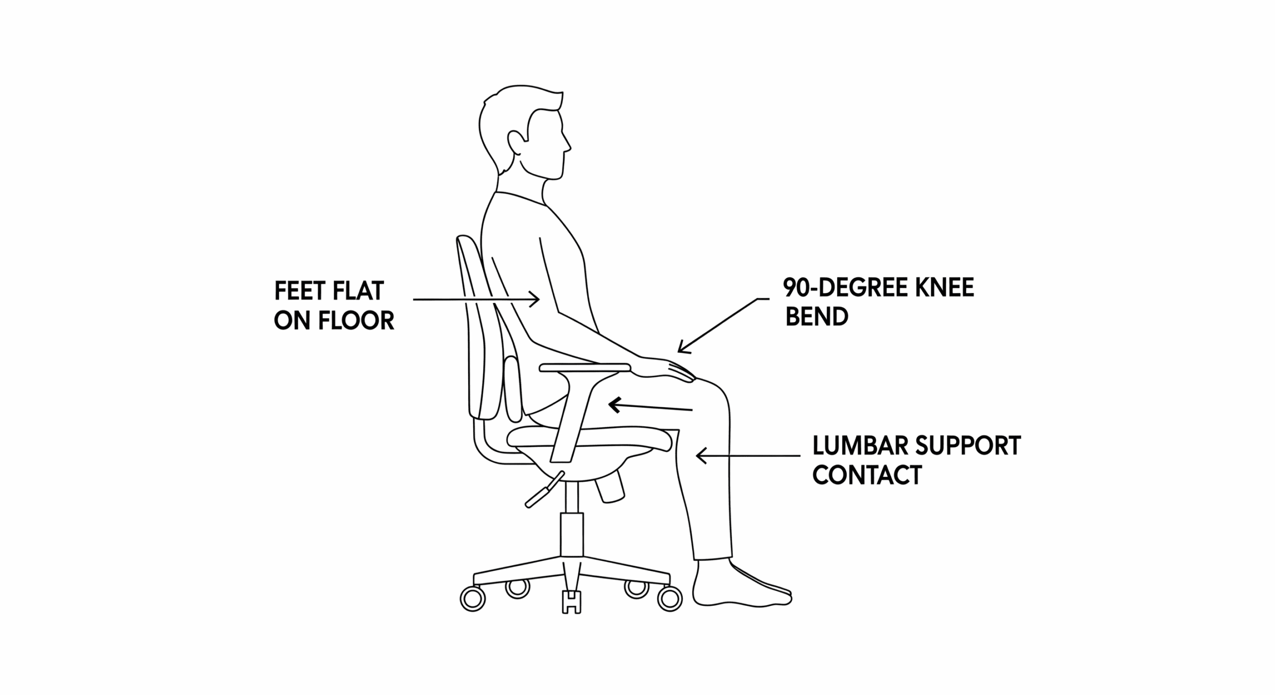 A clear diagram illustrating the foundational ergonomic posture in an office chair. It highlights the correct position with feet flat on the floor, knees at a 90-degree angle, and the lower back receiving full lumbar support to prevent strain.