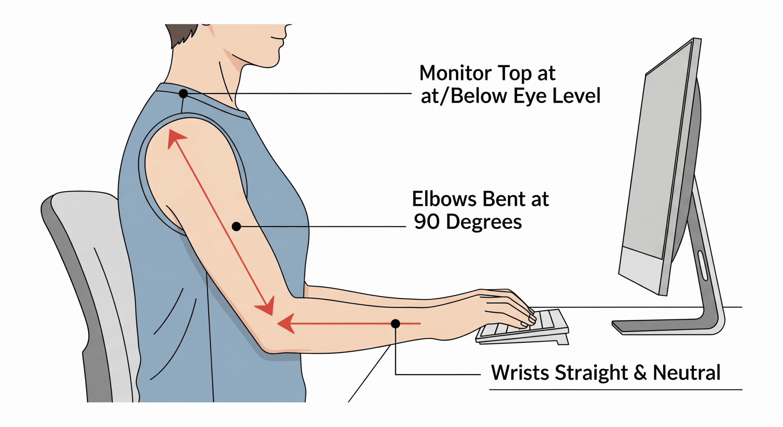 An ergonomic diagram demonstrating the correct alignment for a computer monitor and keyboard. It shows the monitor at eye level, elbows at a 90-degree angle, and wrists in a straight, neutral position to ensure upper body comfort and prevent neck and wrist pain.