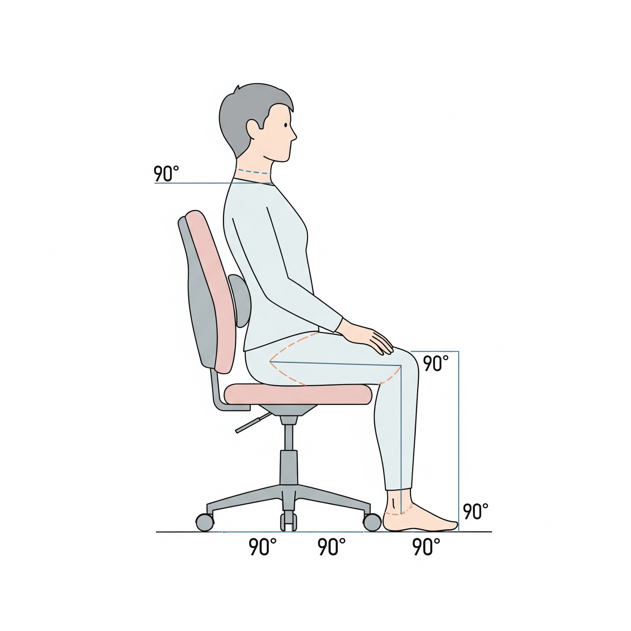 A diagram illustrating the correct foundational ergonomic posture. It shows a person sitting with 90-degree angles at their knees and hips, feet flat on the floor, and a straight, supported back.