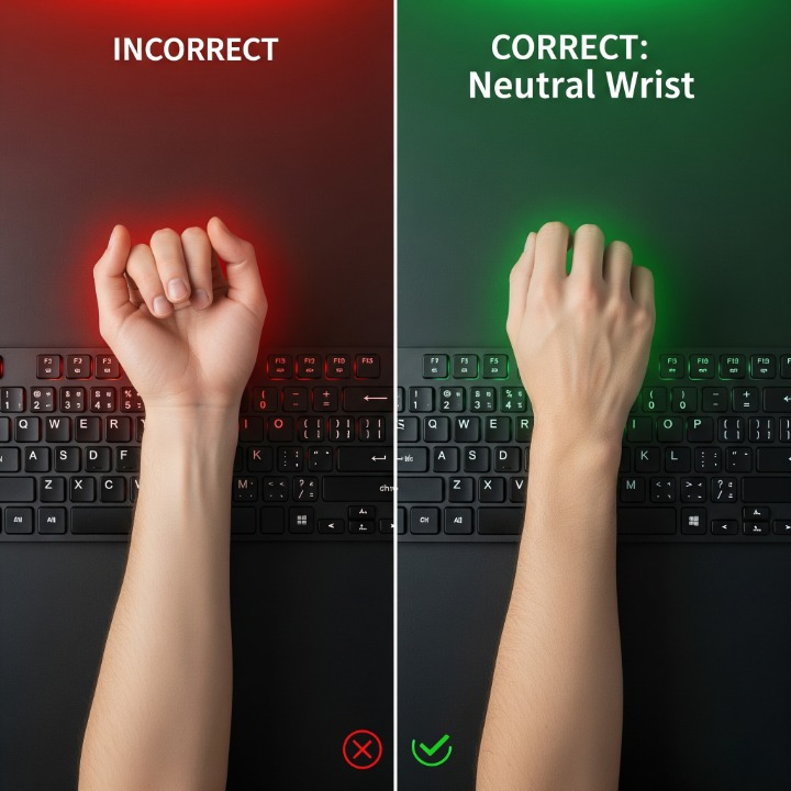 A comparison image showing correct versus incorrect wrist posture for typing. The left side shows wrists bent upwards incorrectly, while the right side shows the correct, straight, neutral wrist position.