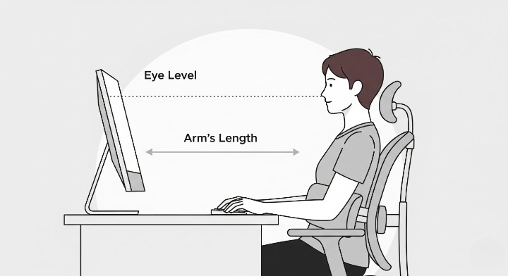 An illustration demonstrating correct monitor ergonomics. It shows the user's eyes level with the top of the screen and the monitor positioned an arm's length away to prevent neck strain.