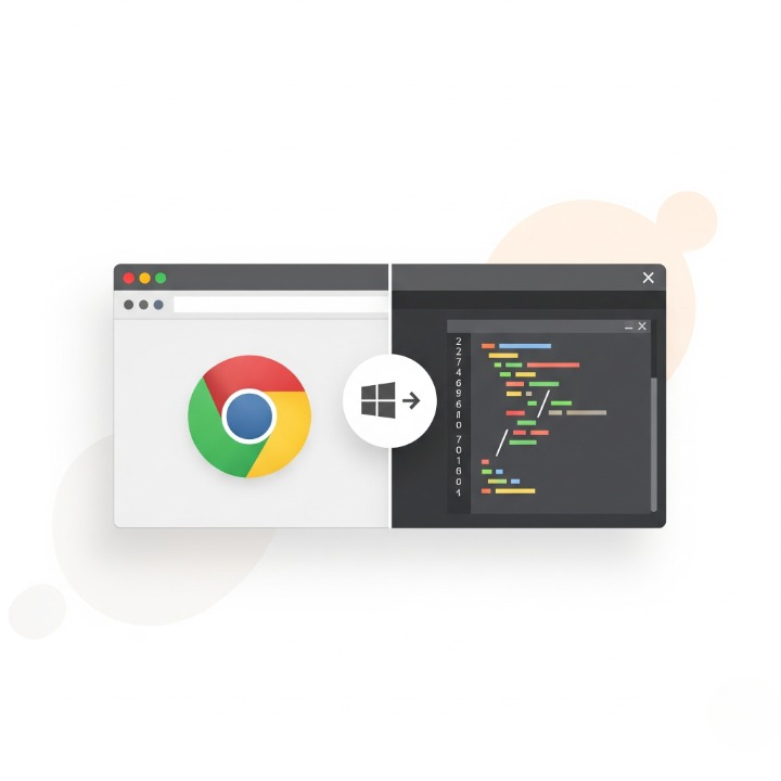 Illustration demonstrating the 'window snapping' feature. A computer screen is shown with two windows arranged side by side, symbolizing efficient workspace organization using keyboard shortcuts.
